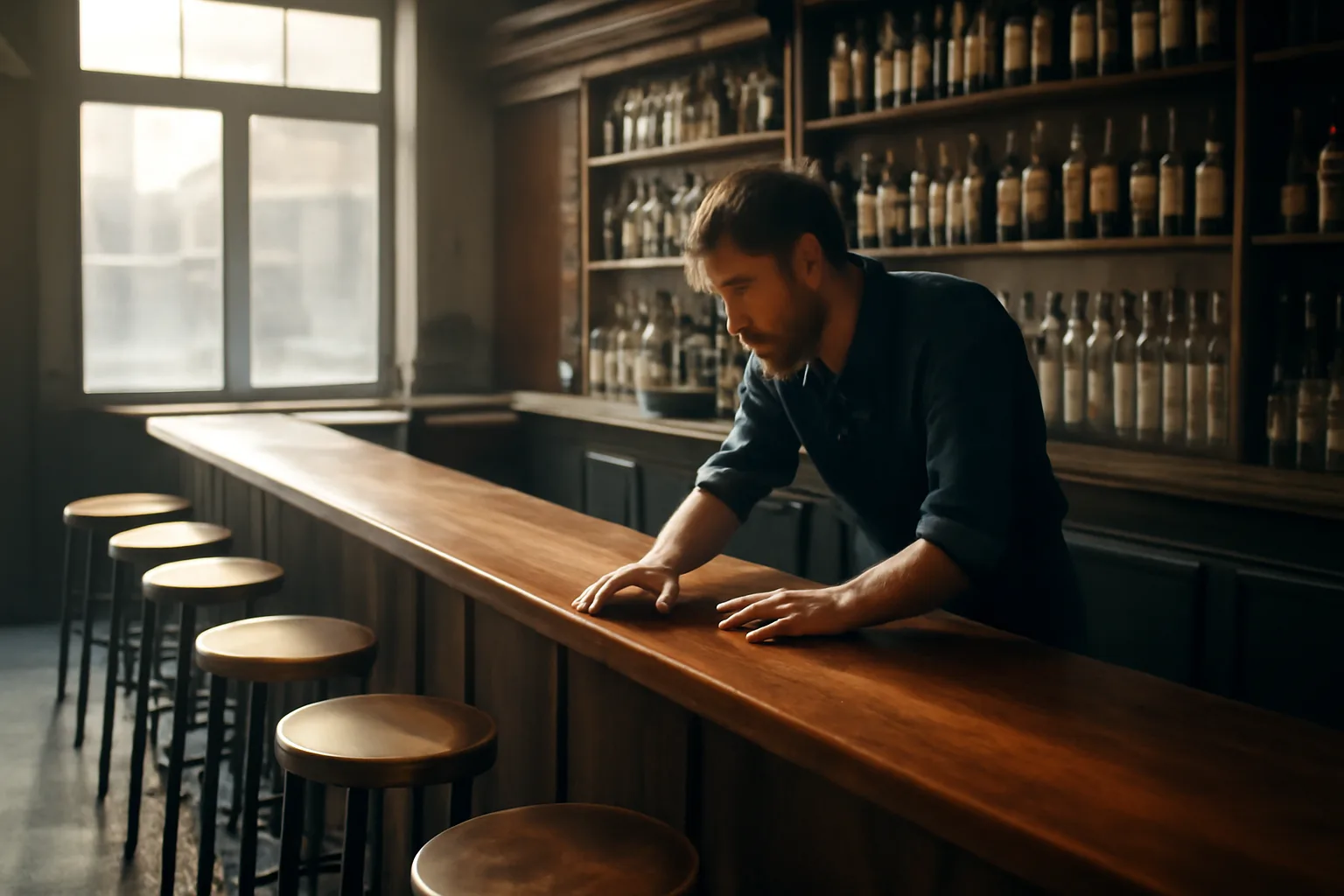 Bartender preparing an empty bar before opening as part of the bar license process