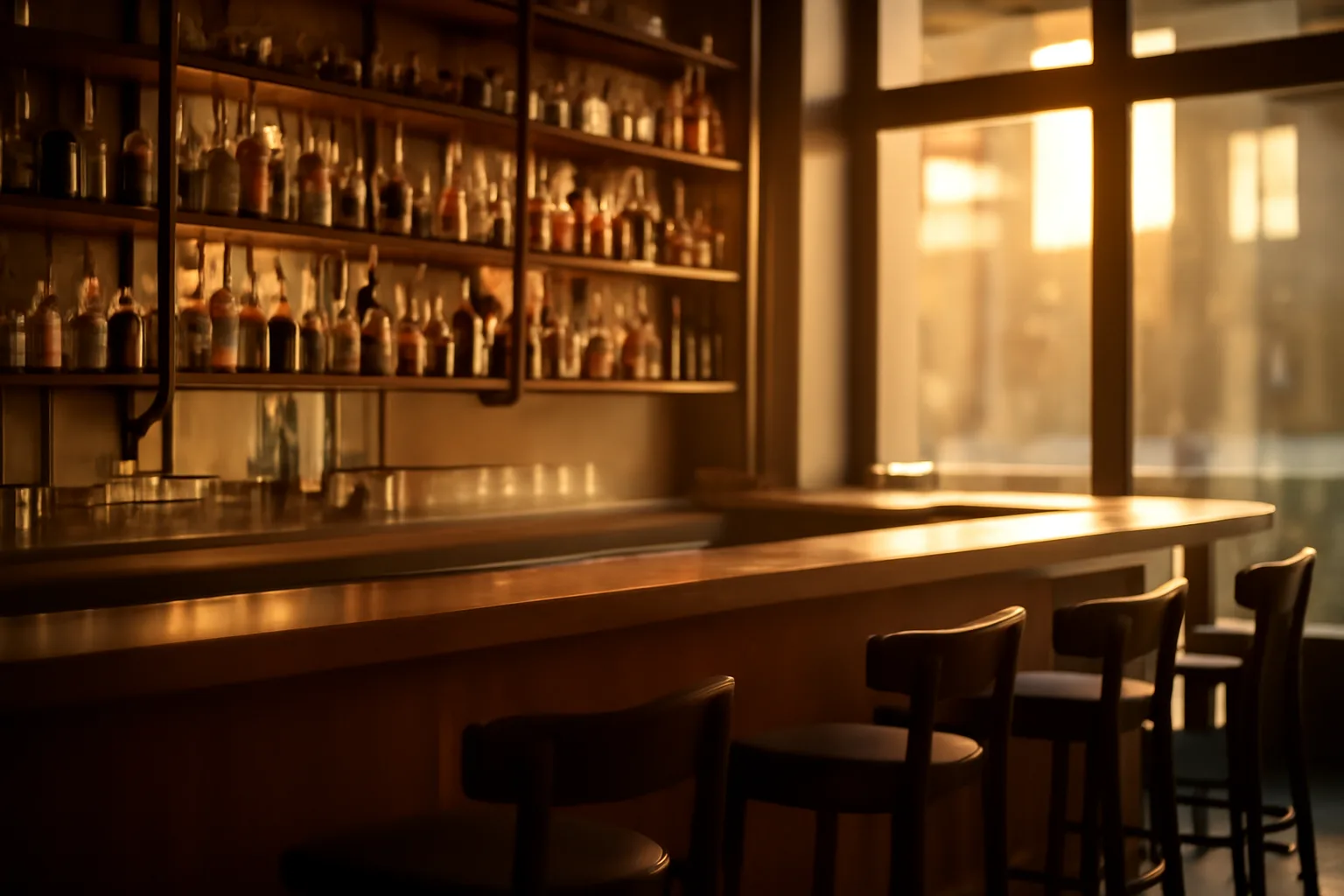 Restaurant bar with liquor bottles on shelves in warm evening light