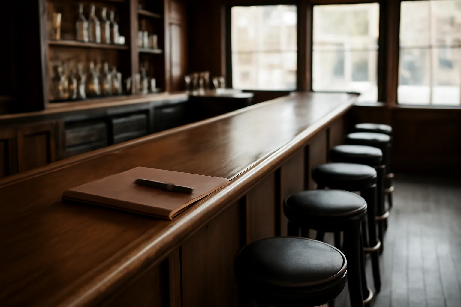 Empty bar counter with morning light, representing the liquor license application process before opening