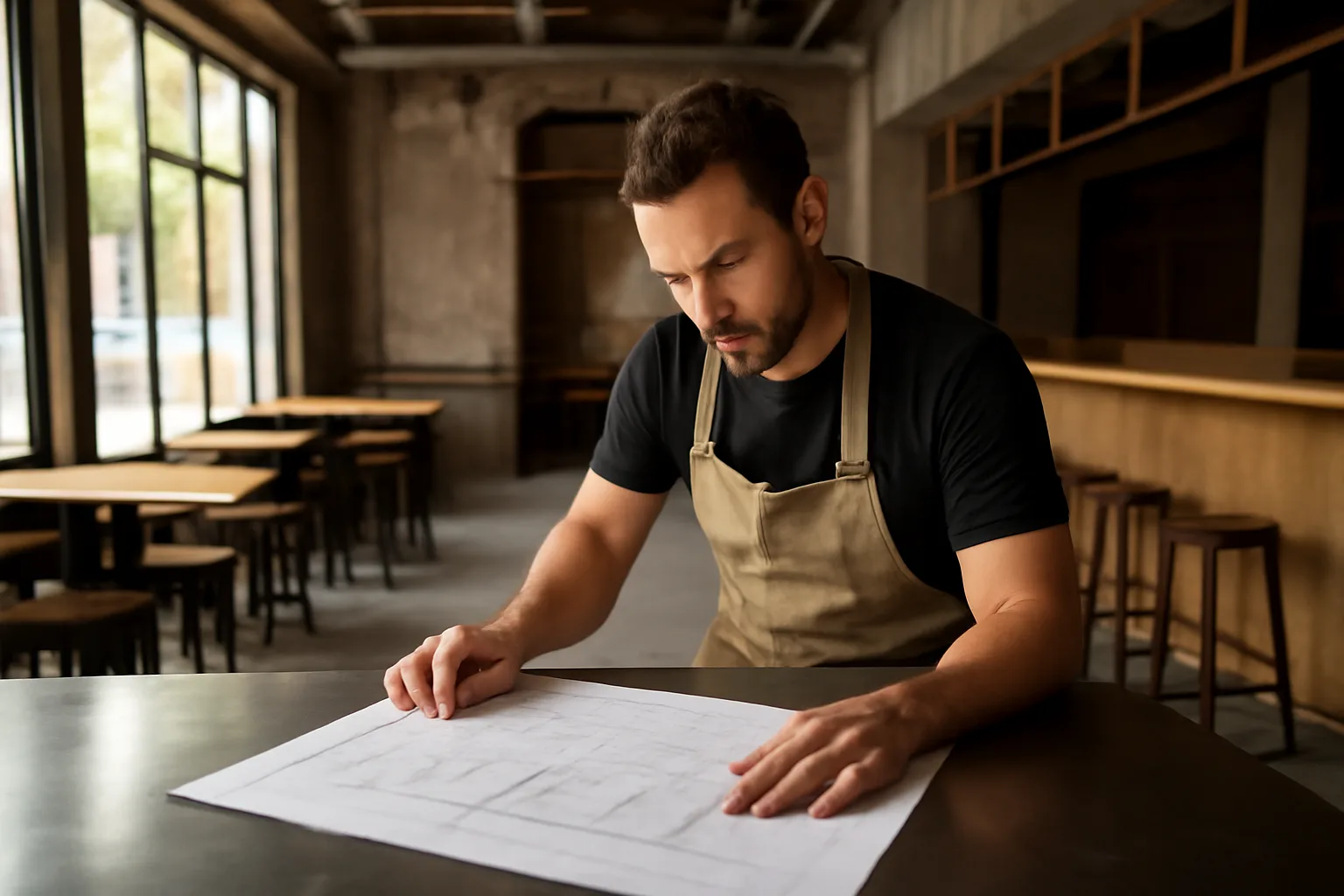 Restaurant owner reviewing floor plan inside an unfinished bar space in Florida