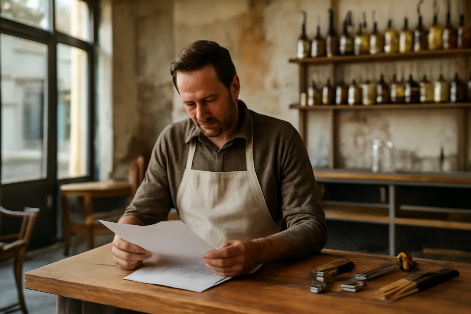 Restaurant owner reviewing documents at a bar counter during liquor license application process