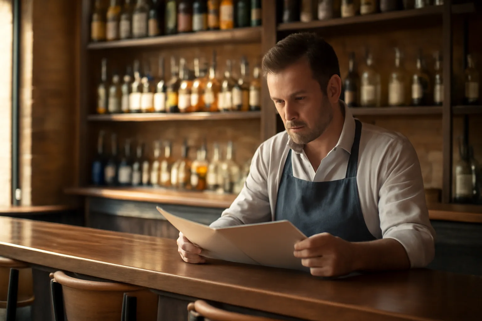 Restaurant owner reviewing paperwork at bar counter while planning liquor license application