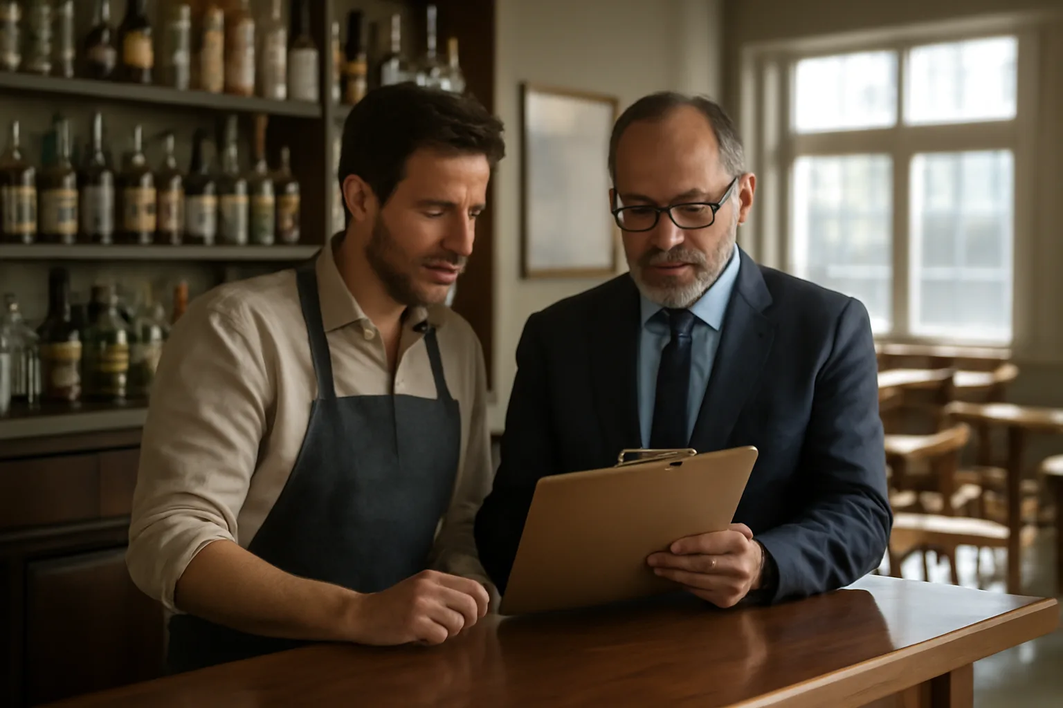 Restaurant owner and inspector reviewing paperwork at a bar during a liquor license inspection