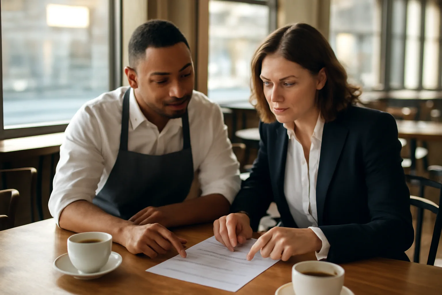 Restaurant owner and attorney discuss liquor license paperwork at a bar counter
