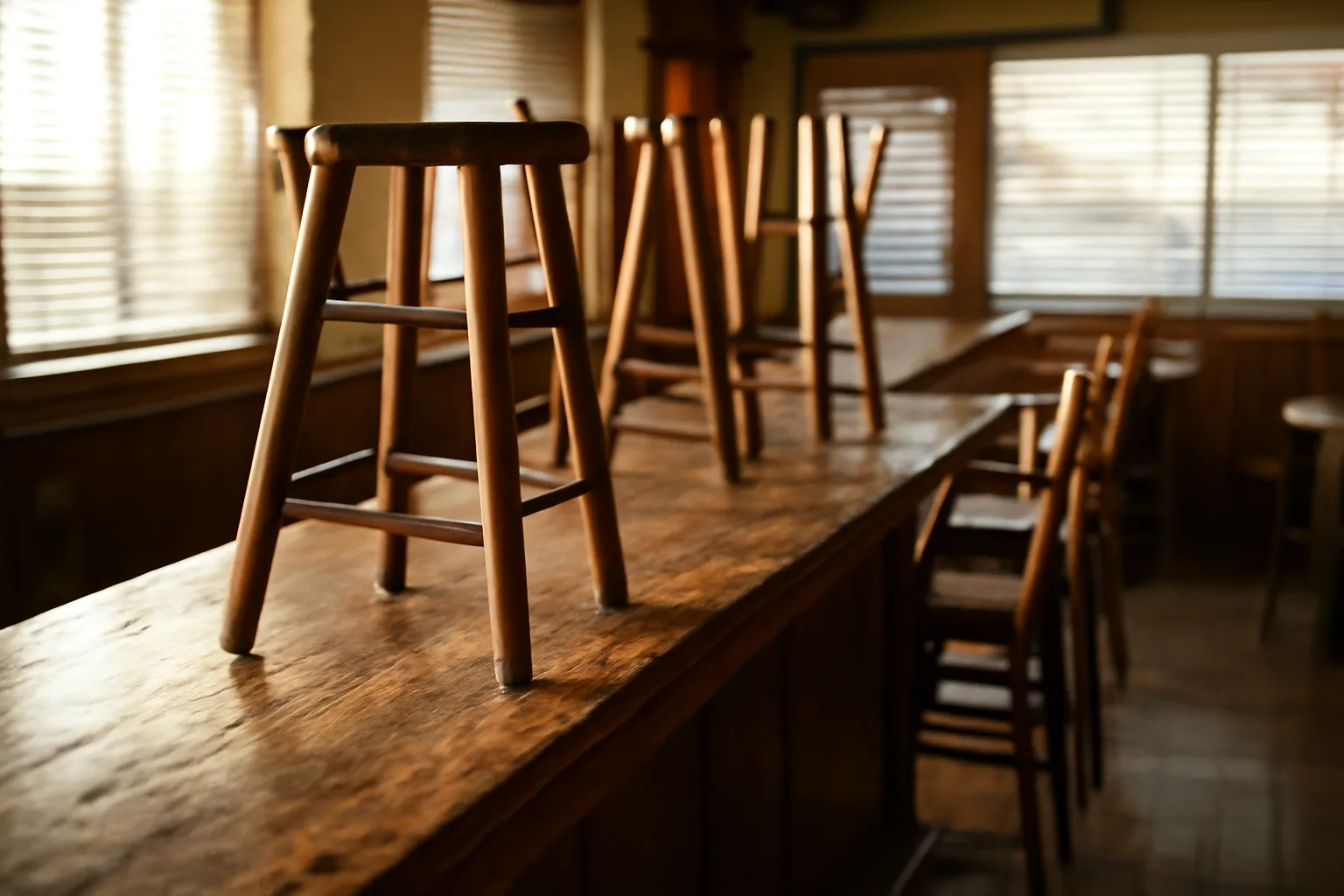 Empty Florida restaurant bar counter in morning light before opening day