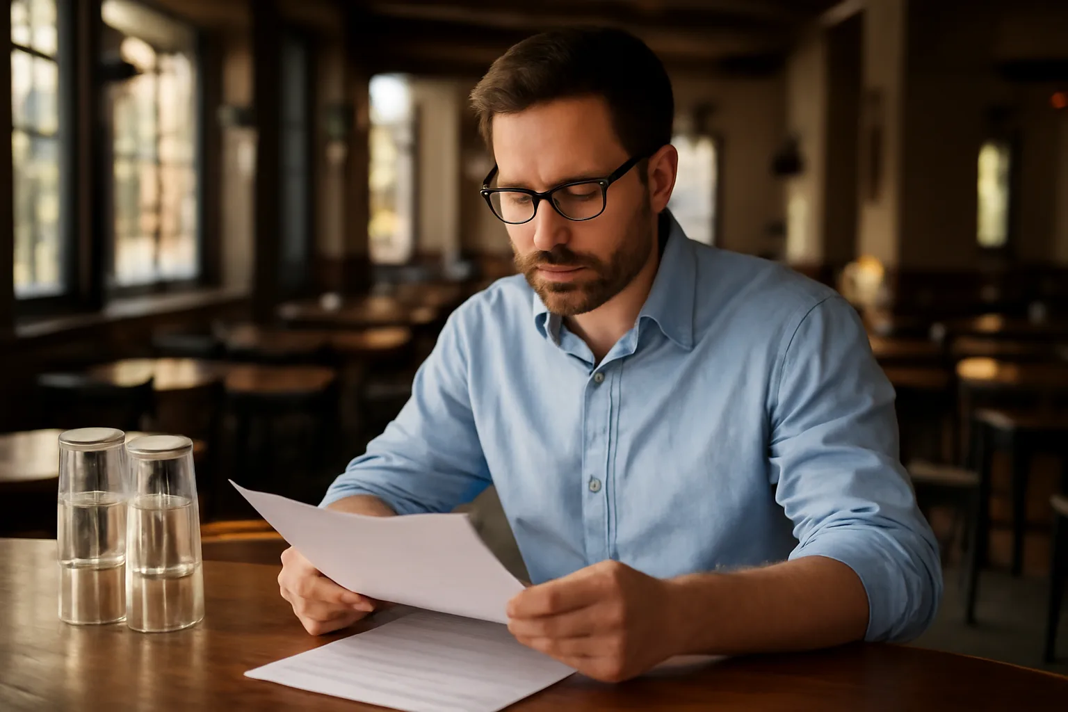 Restaurant owner reviewing documents at bar counter while planning a Michigan liquor license application