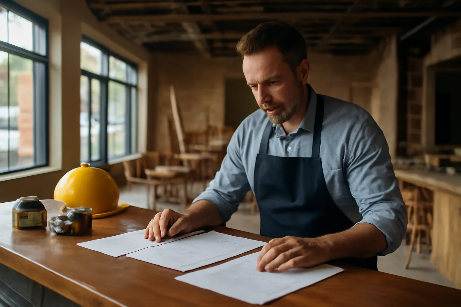Restaurant owner reviewing permit paperwork at a bar counter during buildout