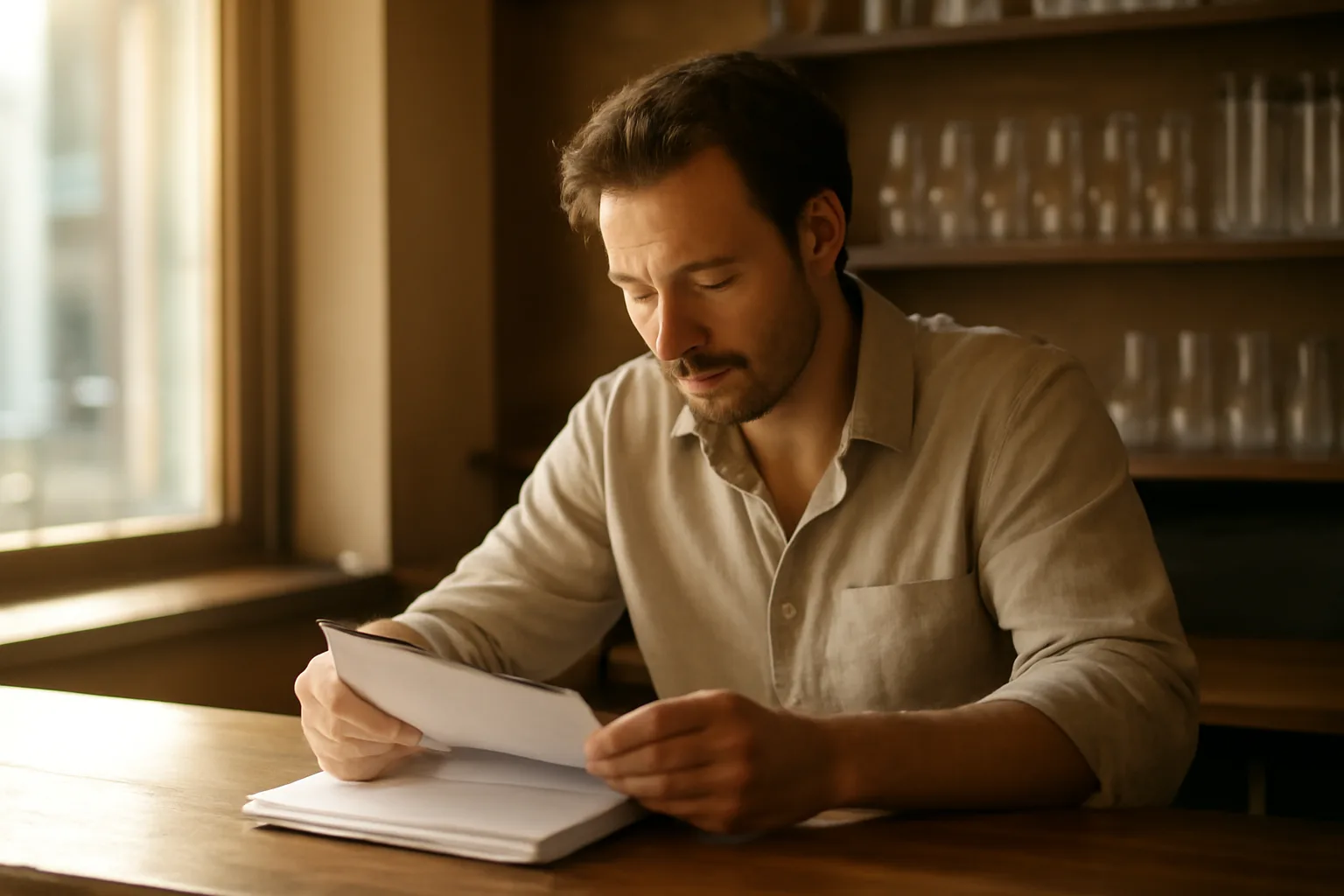 Restaurant owner reviewing paperwork at an empty bar counter in daylight