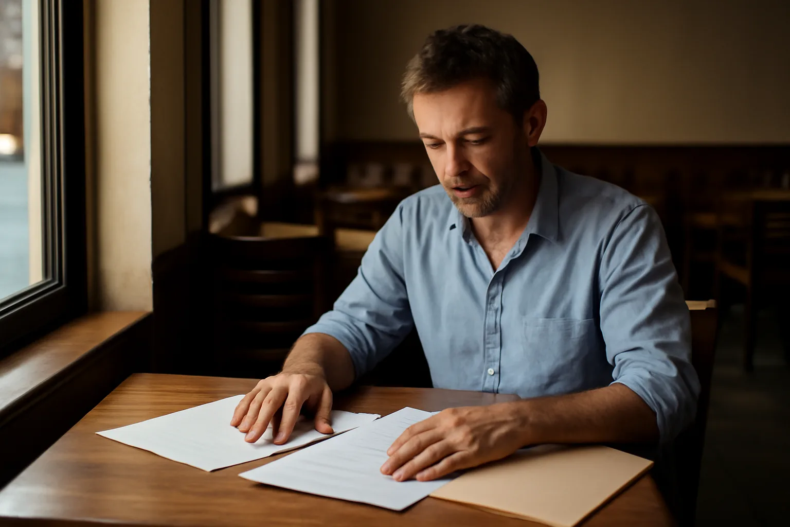 restaurant owner reviewing liquor license paperwork at a table before opening