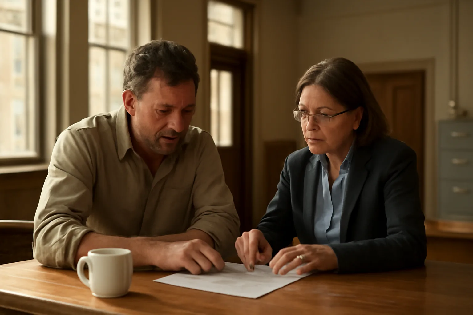 Restaurant owner discussing liquor license paperwork with a clerk at a counter