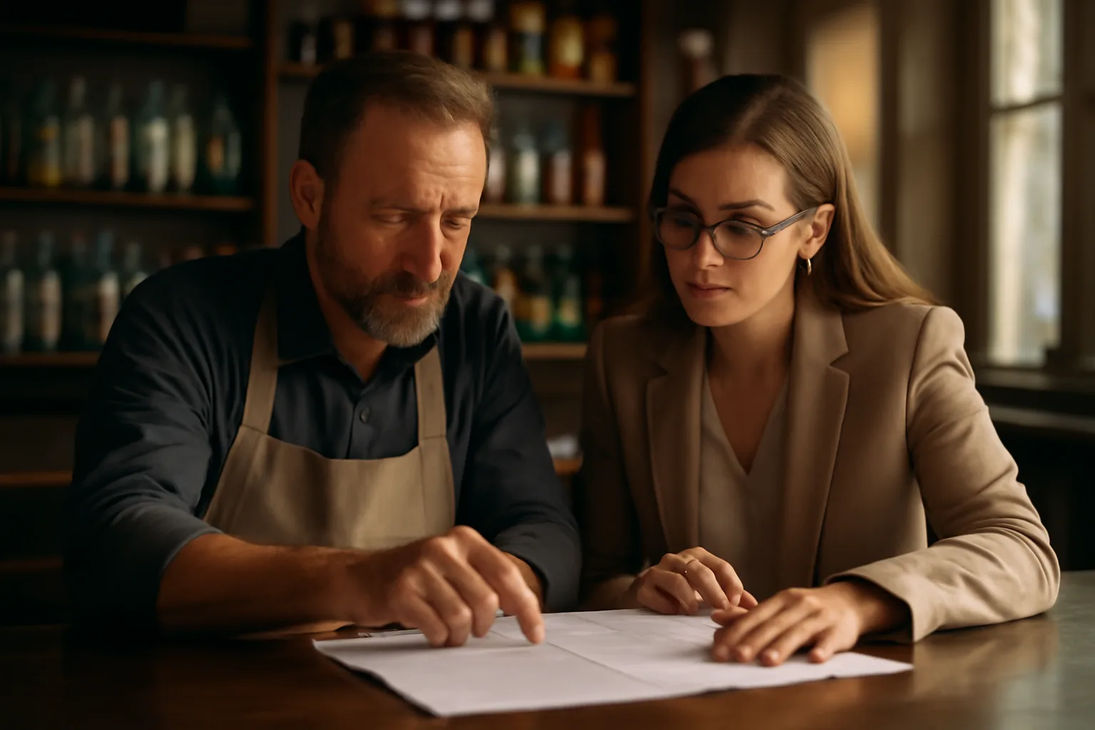 Restaurant owner reviewing liquor license paperwork at bar counter during buildout