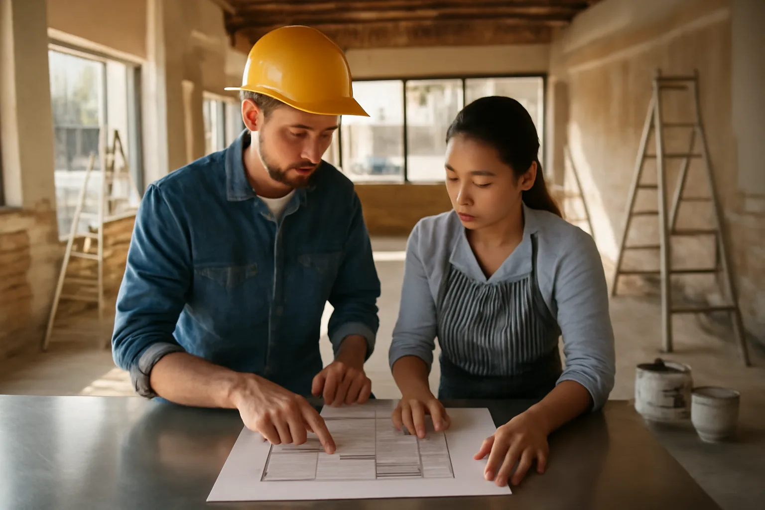 Restaurant owner reviewing floor plan during buildout while liquor license application is pending