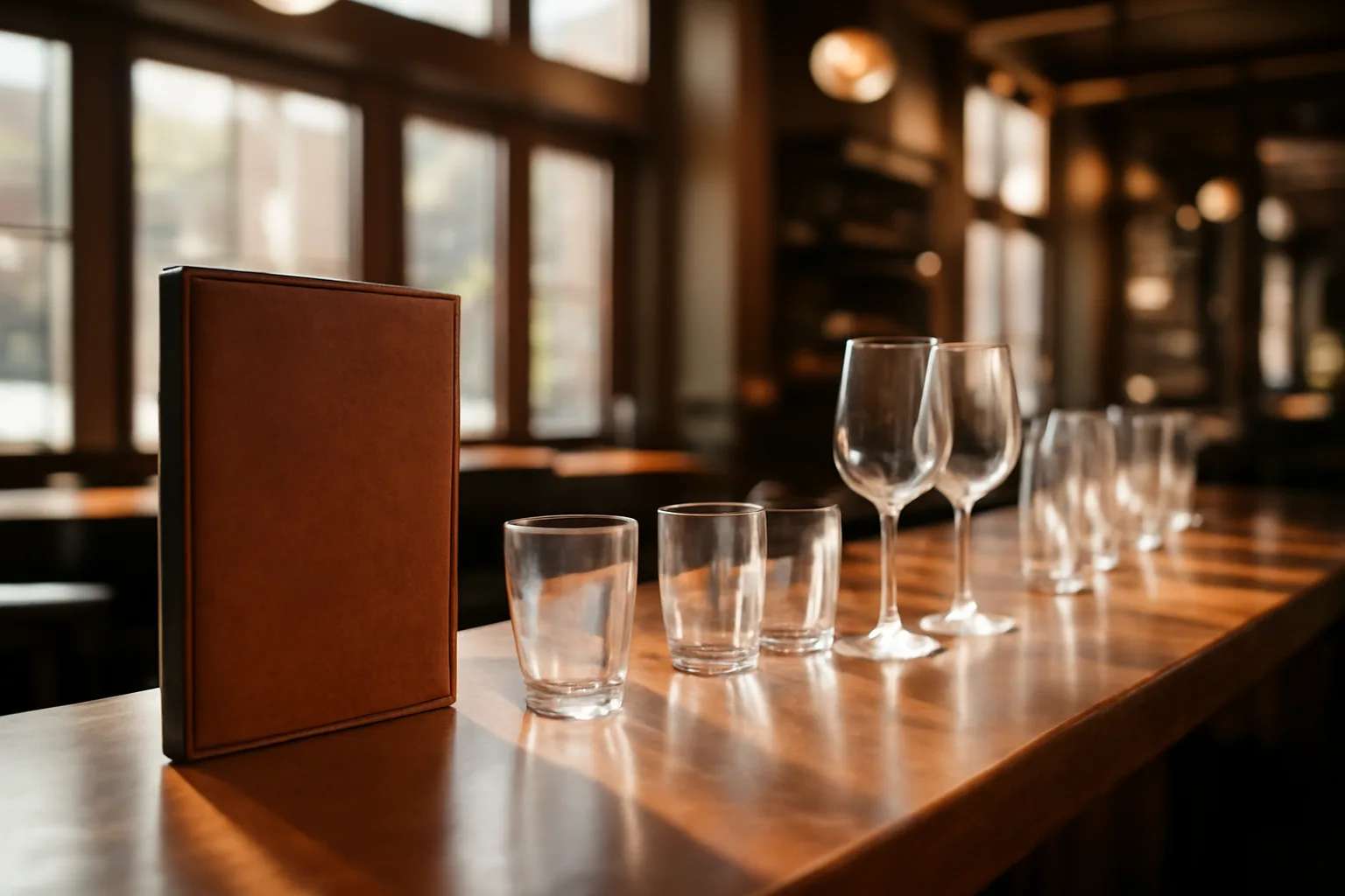 Empty restaurant bar counter with glassware, representing California liquor license cost planning