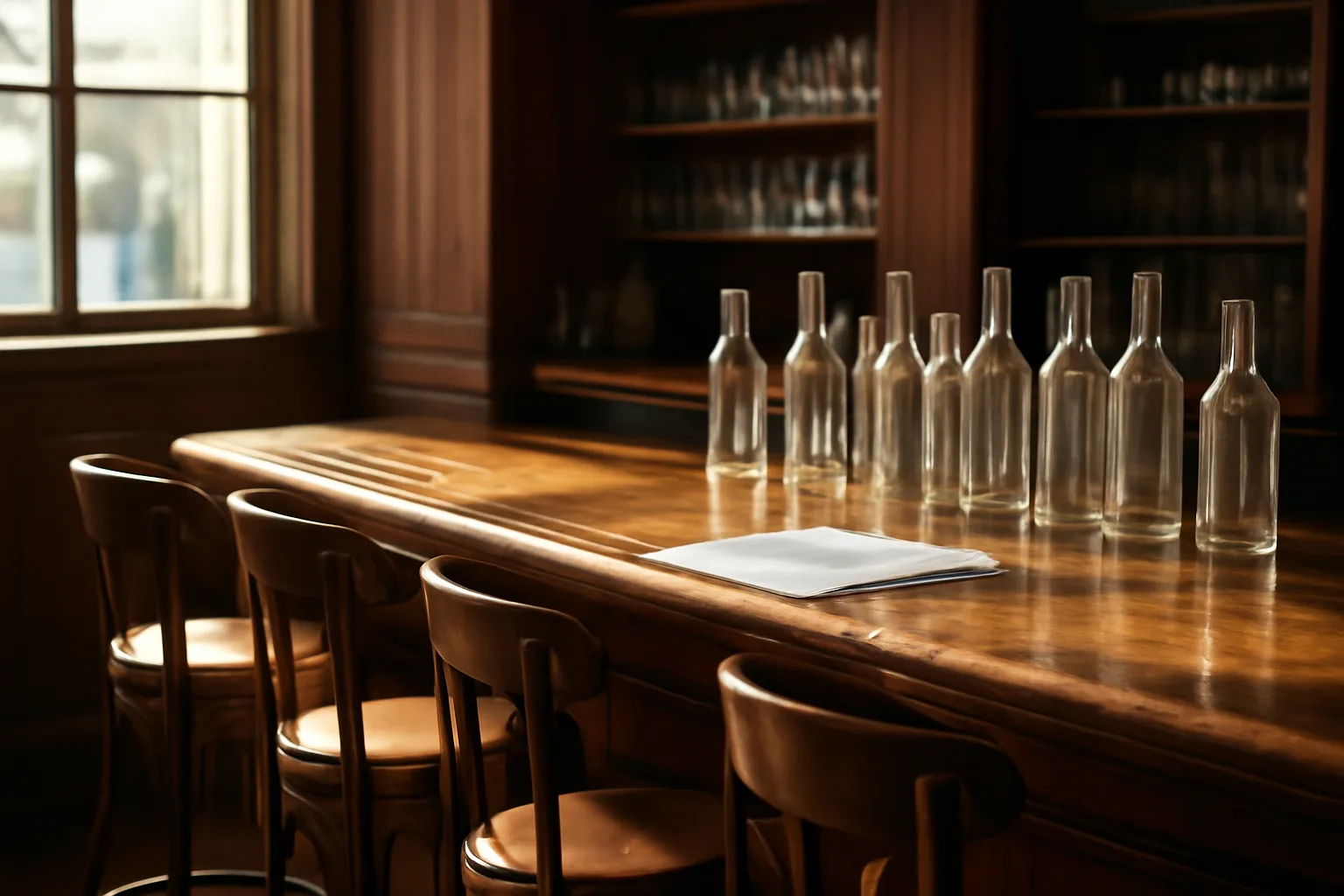 empty restaurant bar counter with bottles and paperwork, illustrating liquor license cost planning