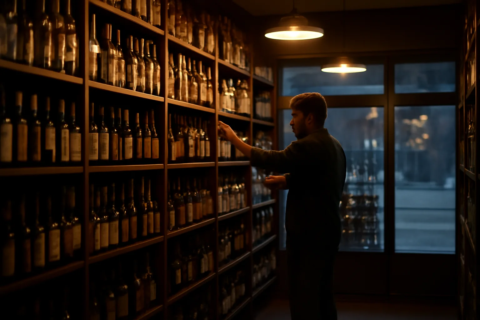 Interior of a small liquor store being stocked at dusk with warm lighting