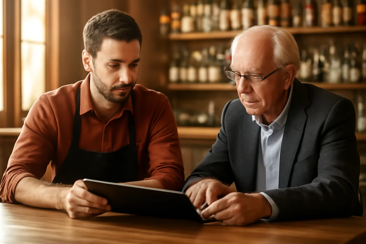 Restaurant owner and consultant reviewing liquor license paperwork at a bar table