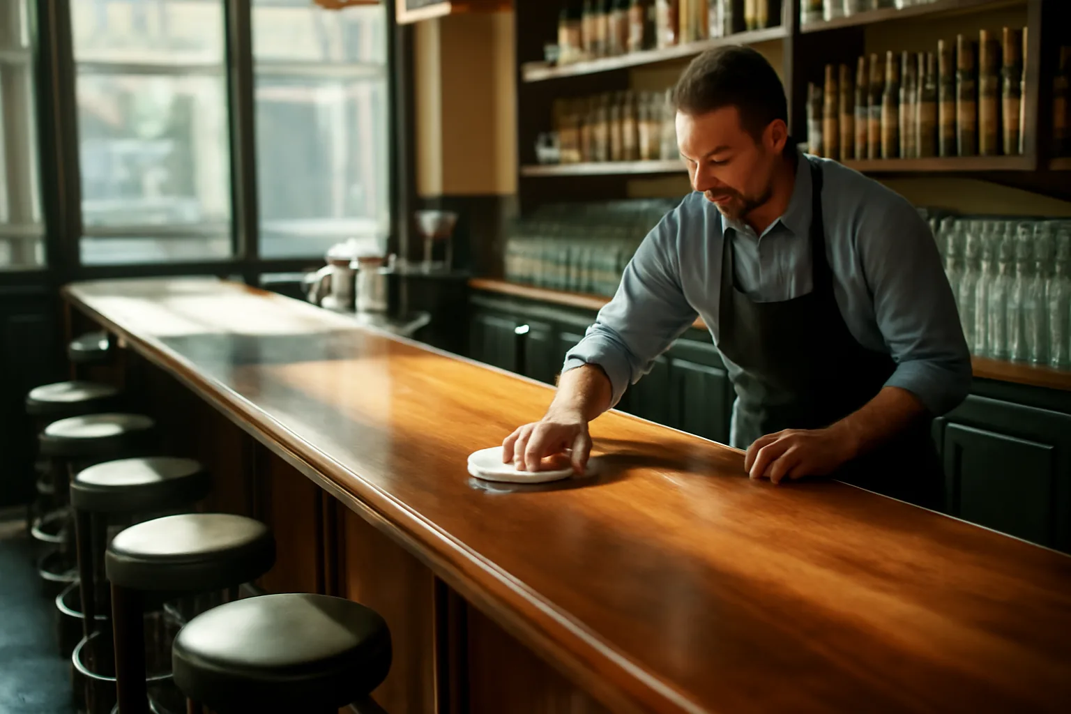 Empty sunlit restaurant bar counter representing the cost of a California liquor license