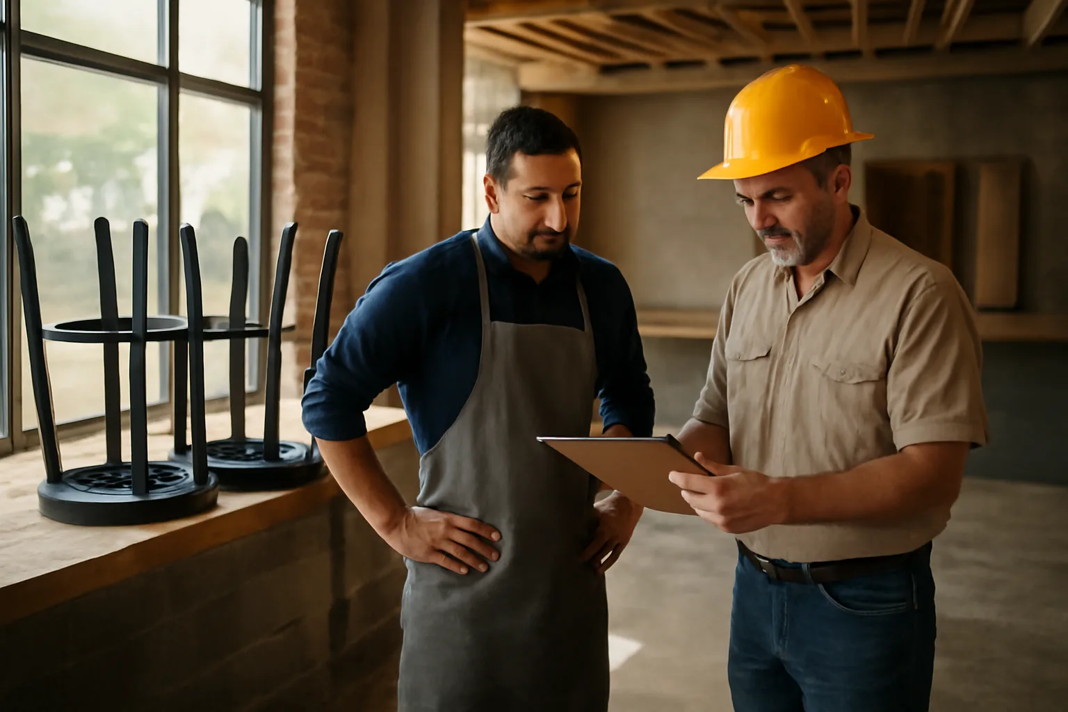 Restaurant owner reviewing plans in an unfinished bar space before opening