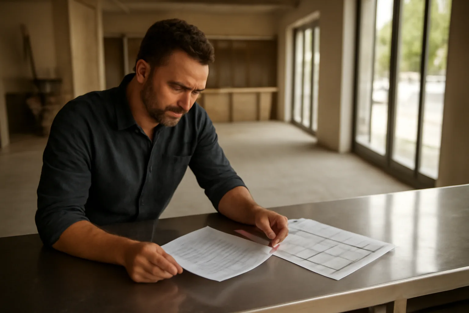 Restaurant owner reviewing lease and floor plan before applying for a Florida liquor license