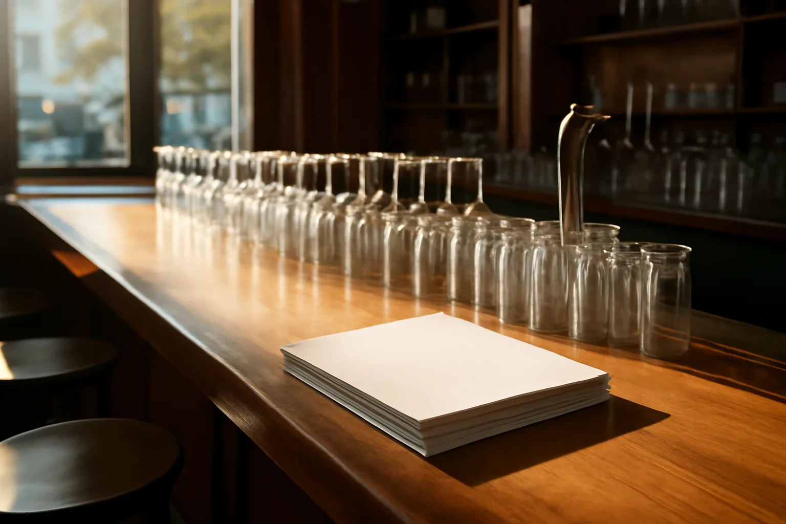Empty restaurant bar counter with paperwork, representing the cost of a Florida liquor license