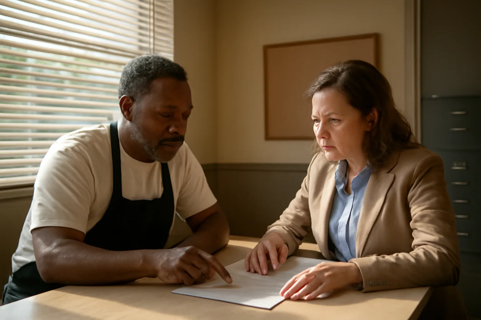 Restaurant owner discussing liquor license costs with a local clerk at a counter