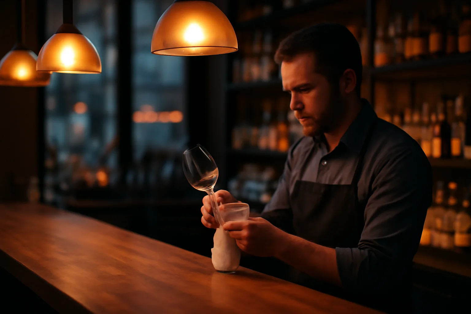 Bartender wiping a glass behind a wooden bar counter at dusk