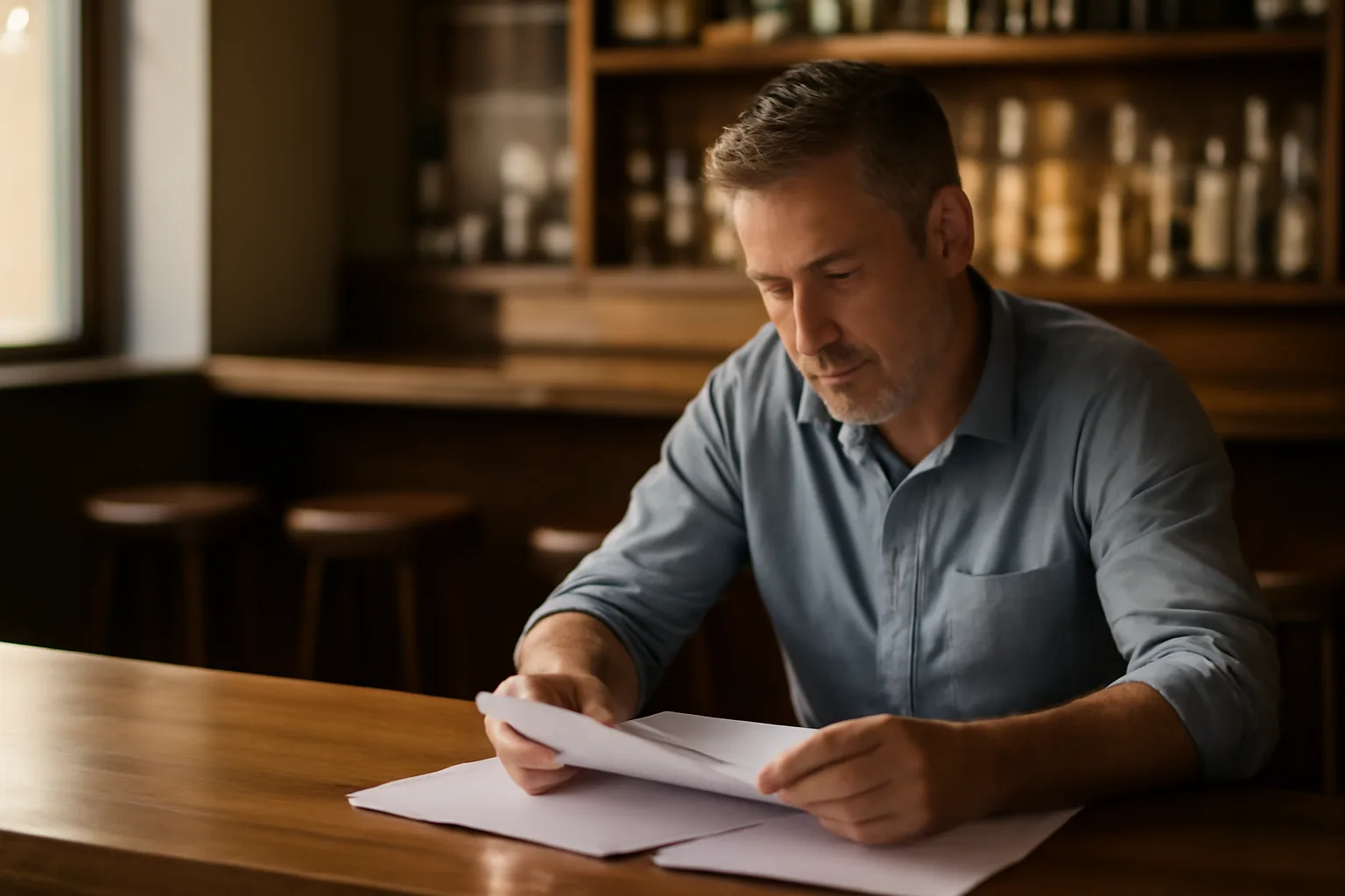 Restaurant owner reviewing documents at a bar counter, considering liquor license costs in Ohio