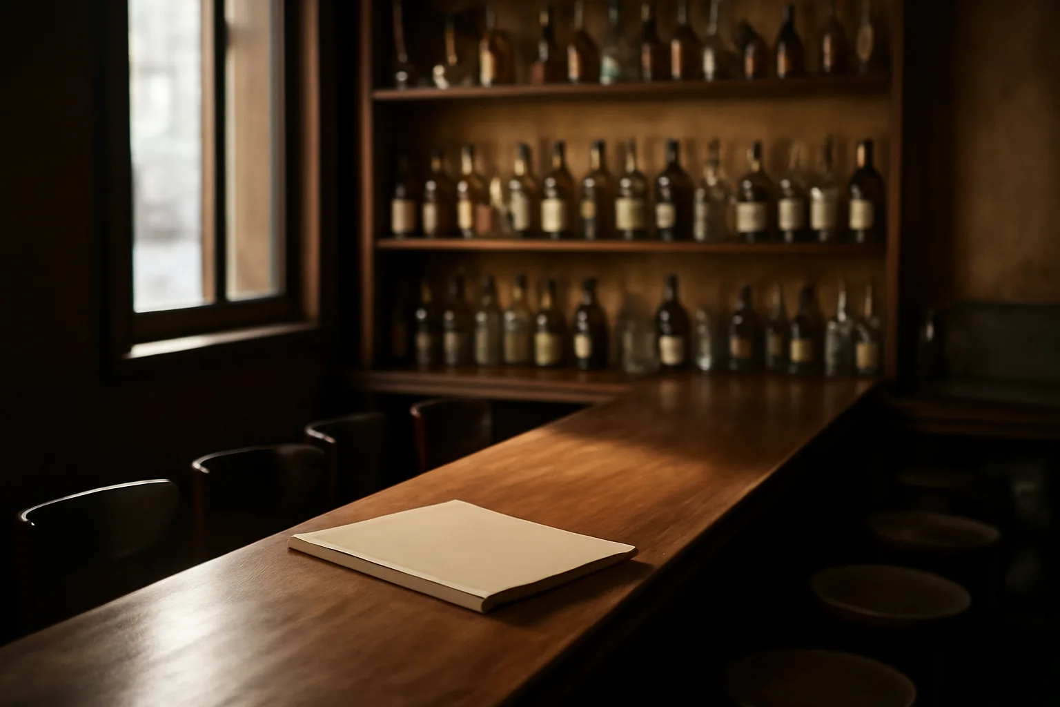 Empty restaurant bar in afternoon light before a liquor license is finalized