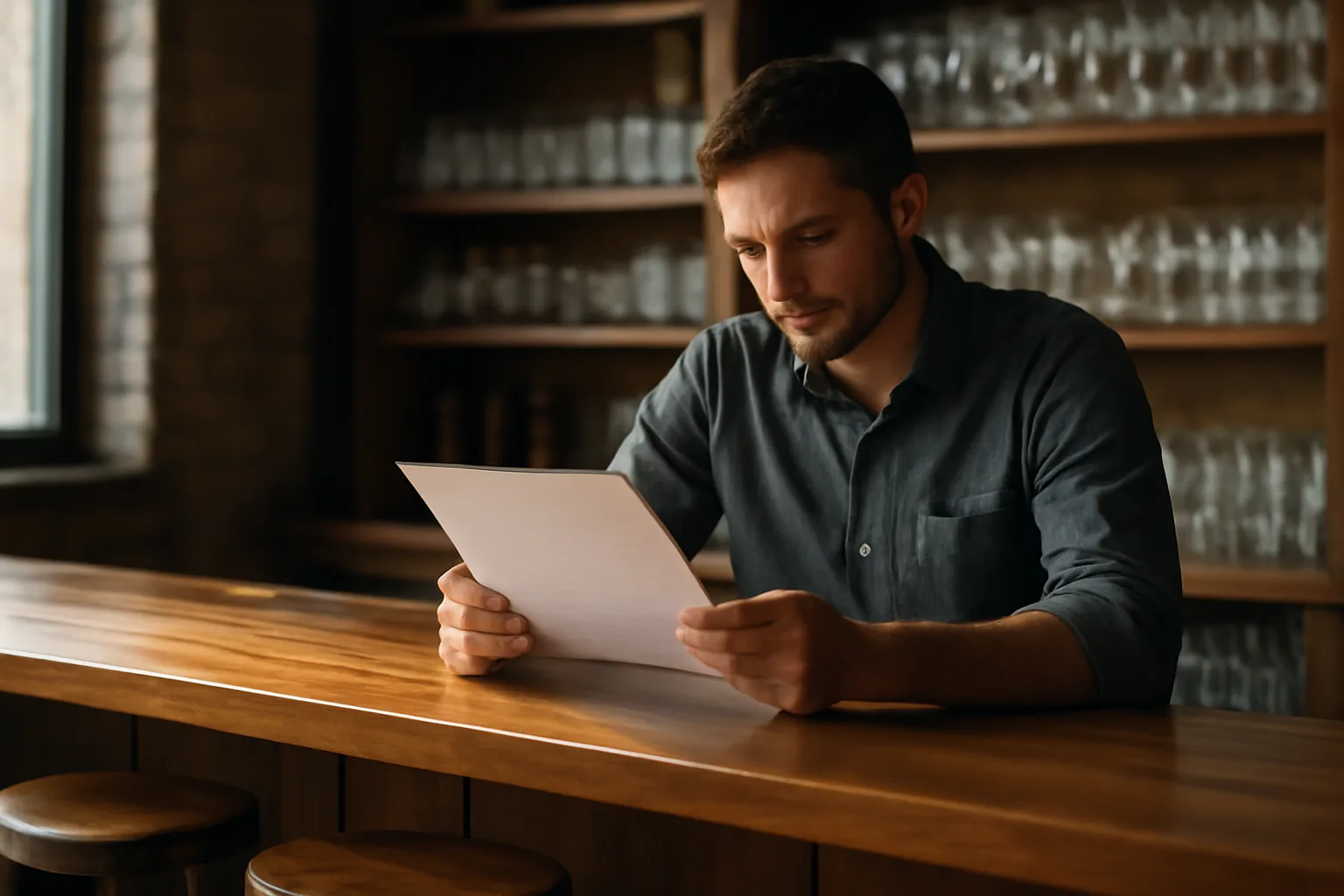 Restaurant owner reviewing documents at bar counter, illustrating New York liquor license costs