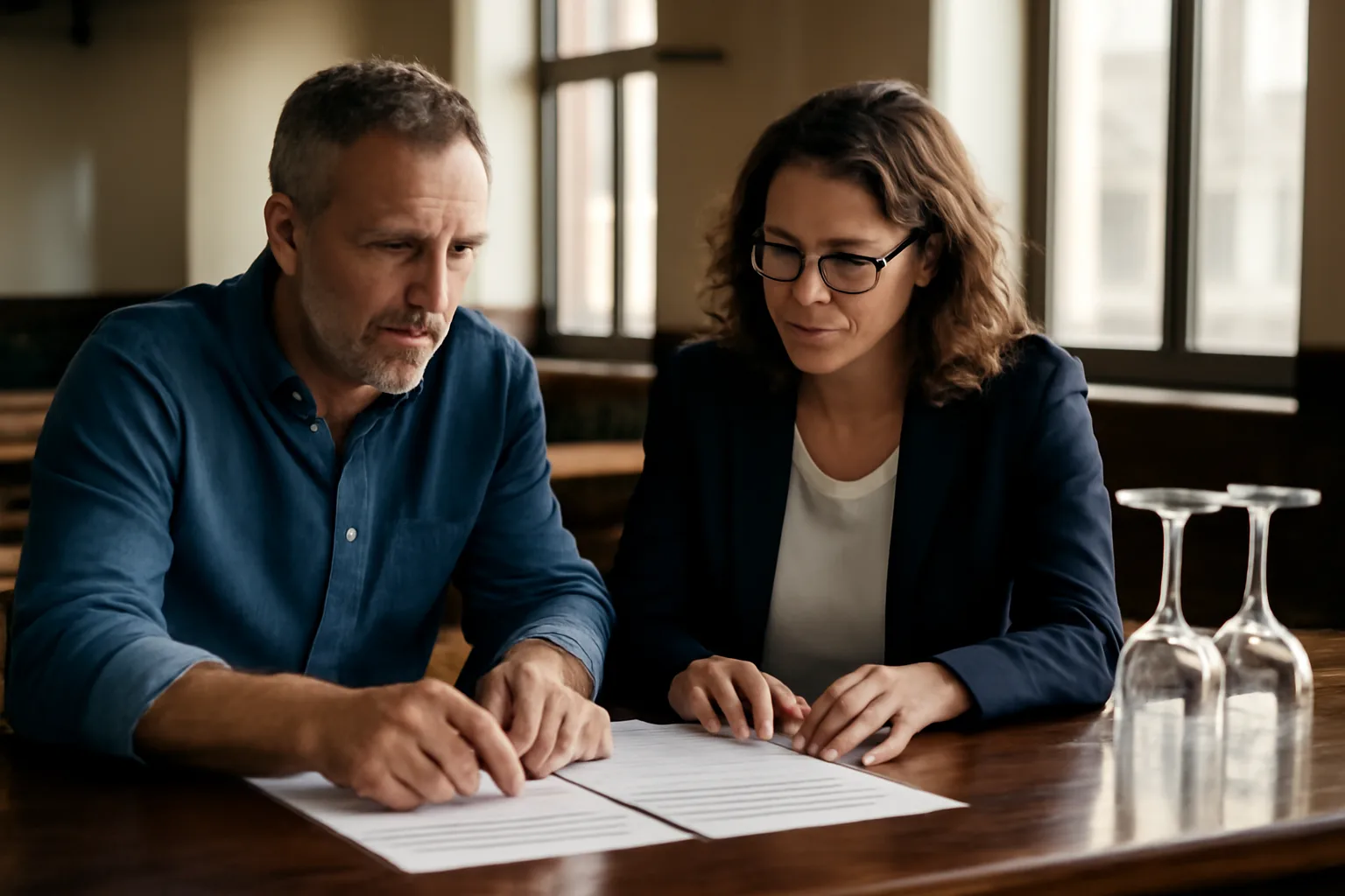 Restaurant owner reviewing liquor license paperwork at a bar counter