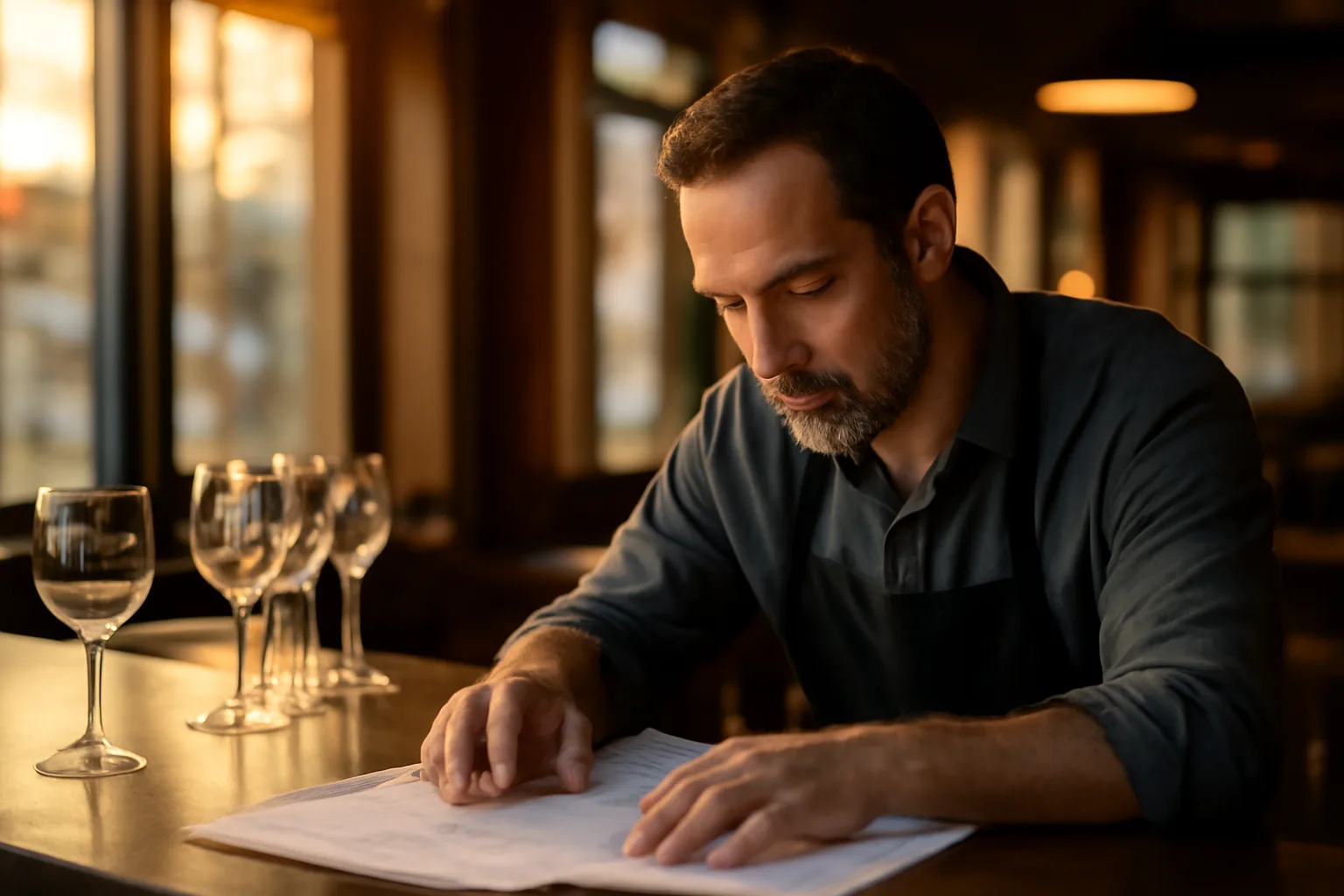 Restaurant owner reviewing documents at a bar counter while planning a liquor license