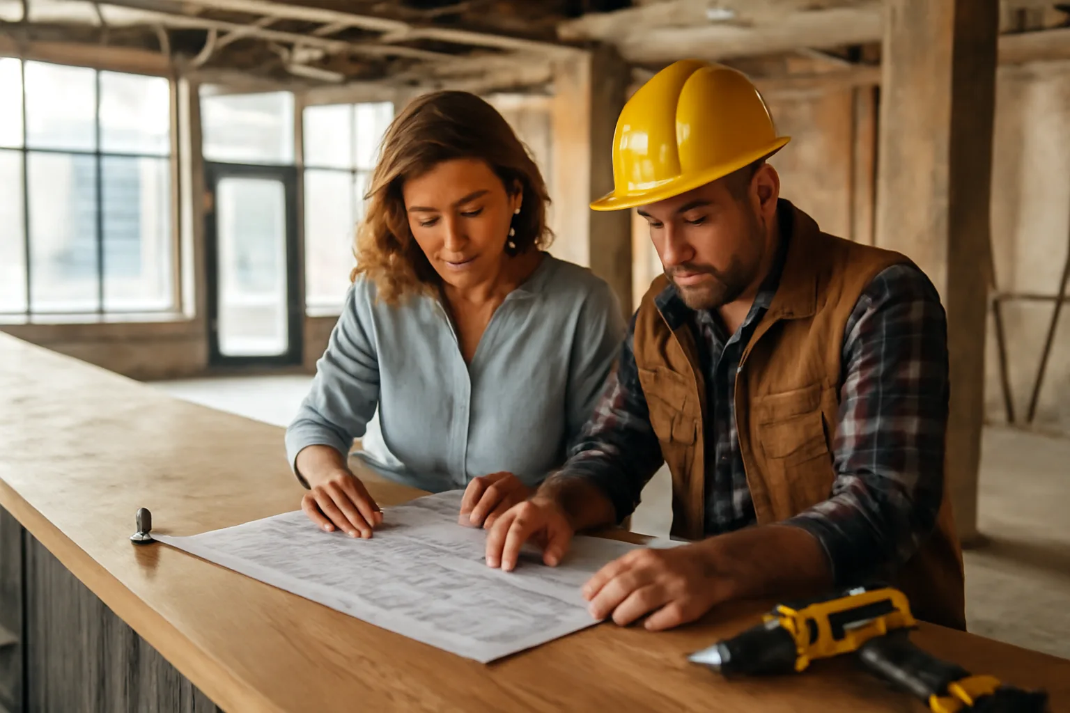 Restaurant owner reviewing plans at an unfinished bar counter before opening