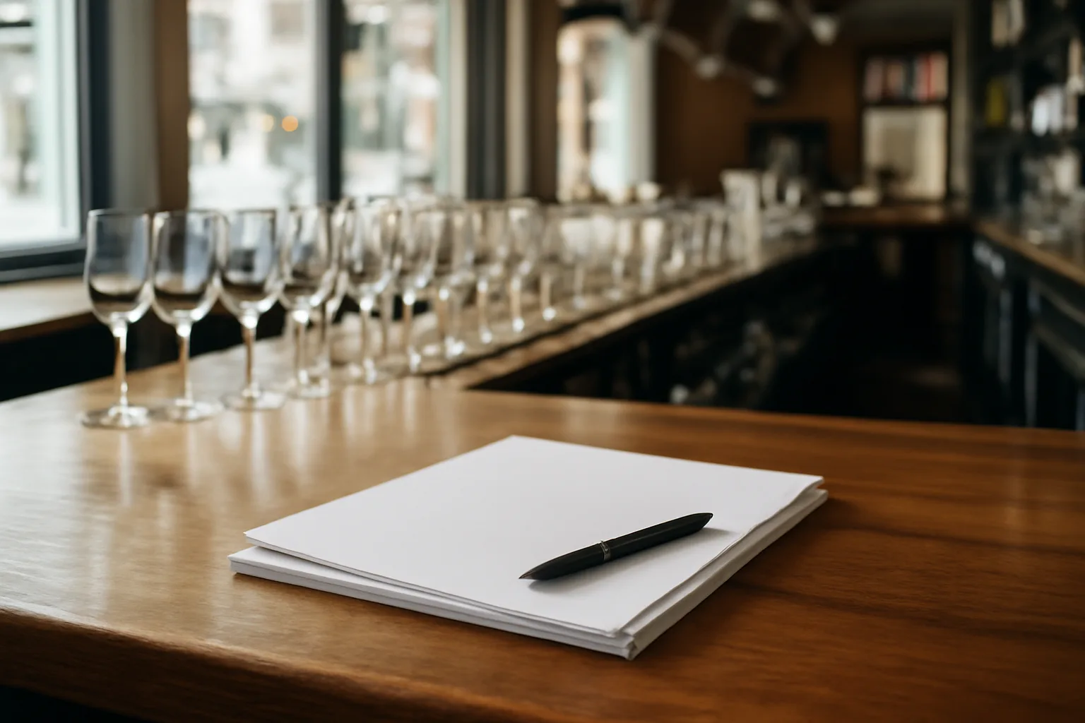 Empty restaurant bar counter with paperwork and pen, representing Texas liquor license cost planning