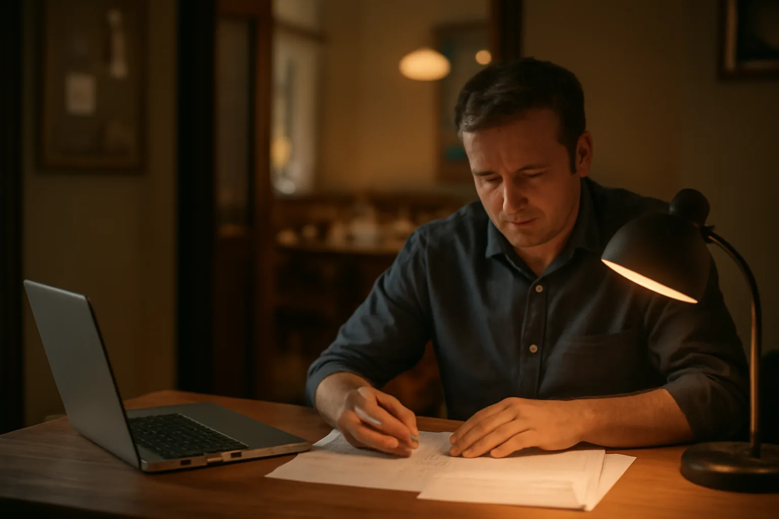 restaurant owner reviewing paperwork at a desk while planning a liquor license application