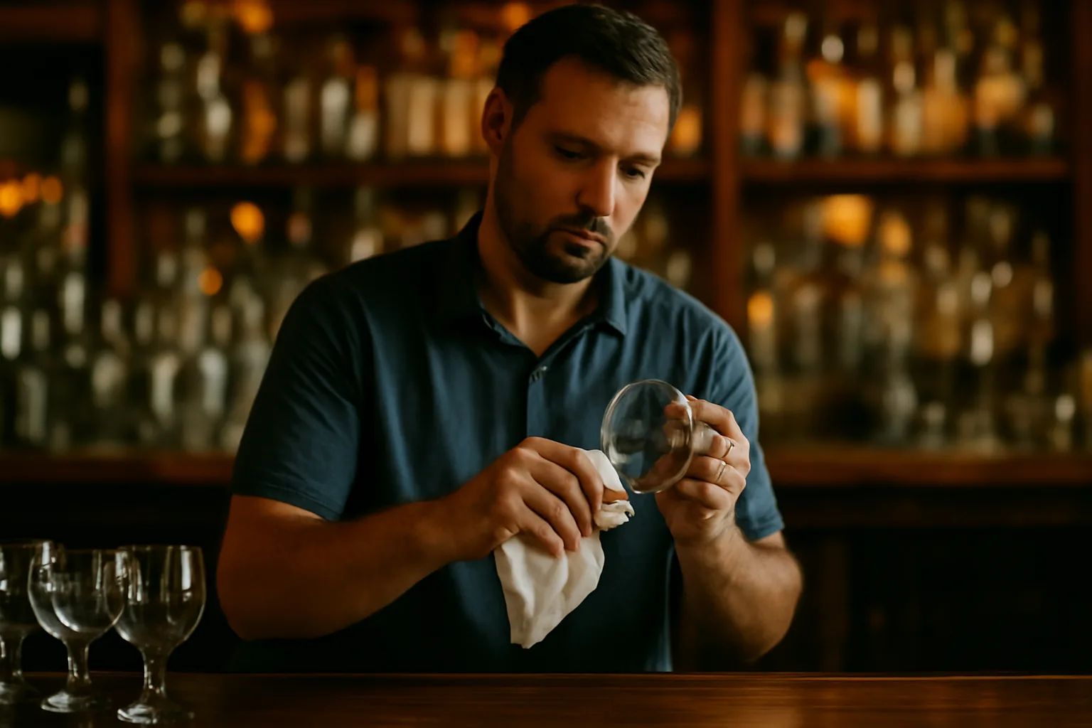 Bartender polishing glasses behind a bar counter in warm evening light