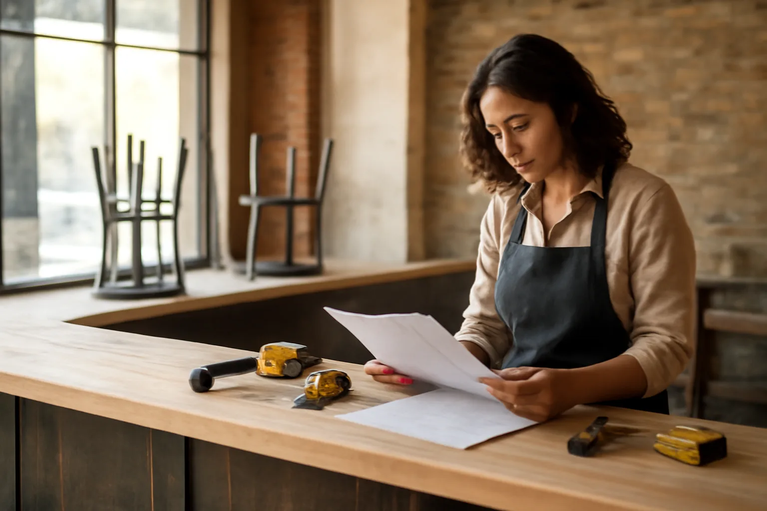 Restaurant owner reviewing documents at an unfinished bar counter before opening