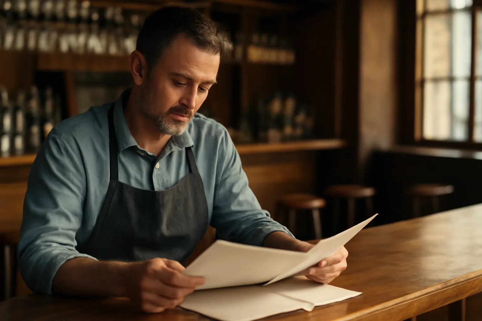 Restaurant owner reviewing liquor license paperwork at an empty bar counter
