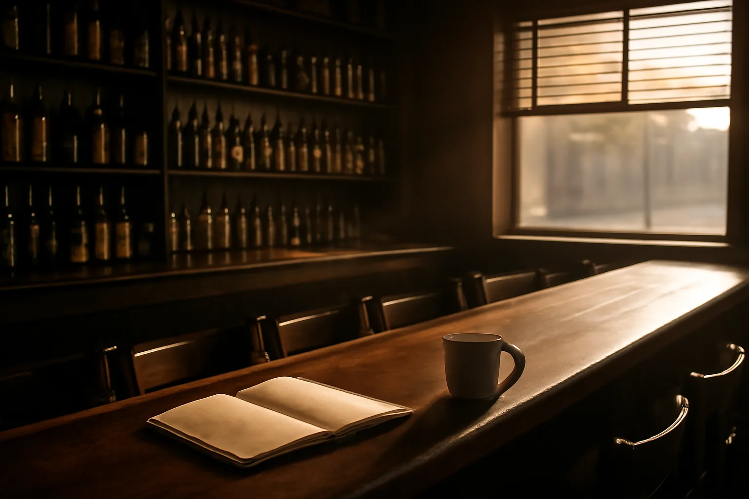 Empty Baton Rouge bar interior at sunrise before a liquor license inspection