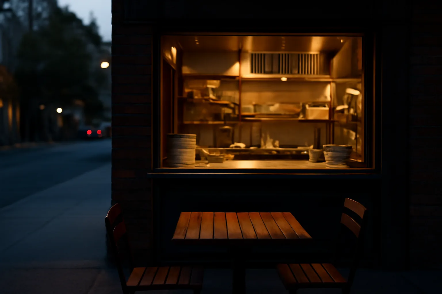 Restaurant patio and kitchen light at dusk, evoking California liquor license planning for a new opening