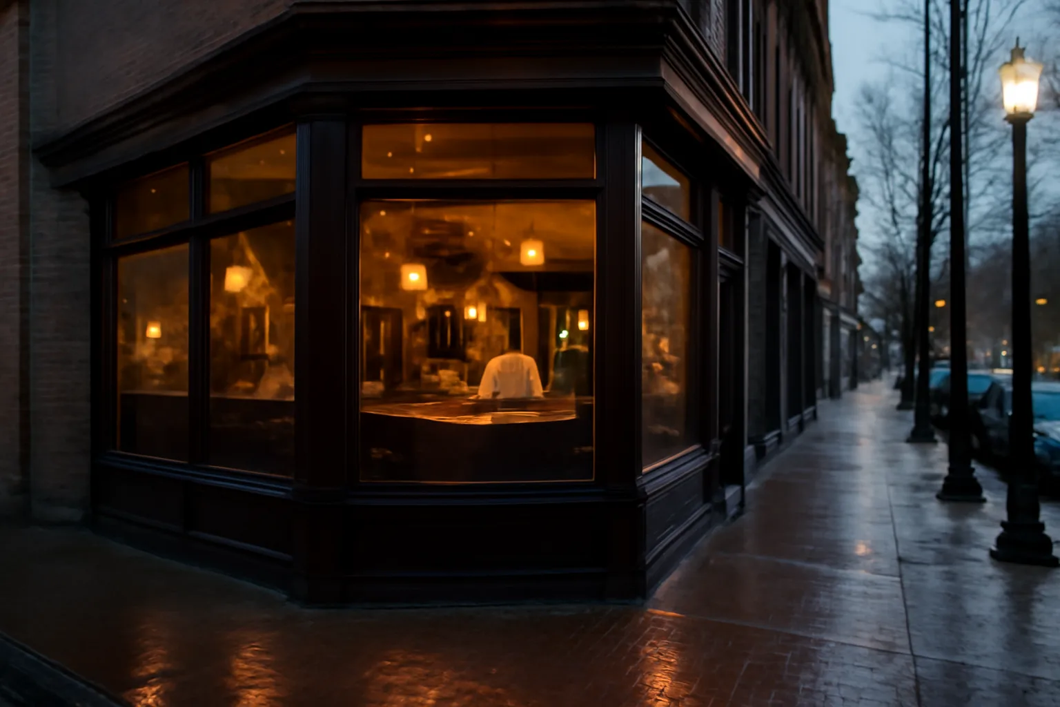 Chicago corner bar storefront lit at dusk before opening night