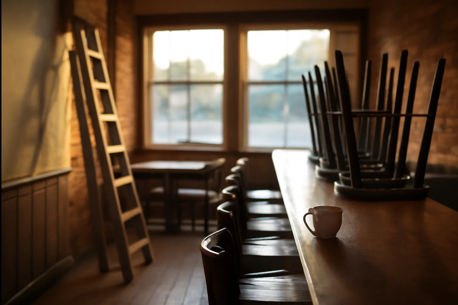 Empty restaurant bar under renovation while owner works through liquor license paperwork process
