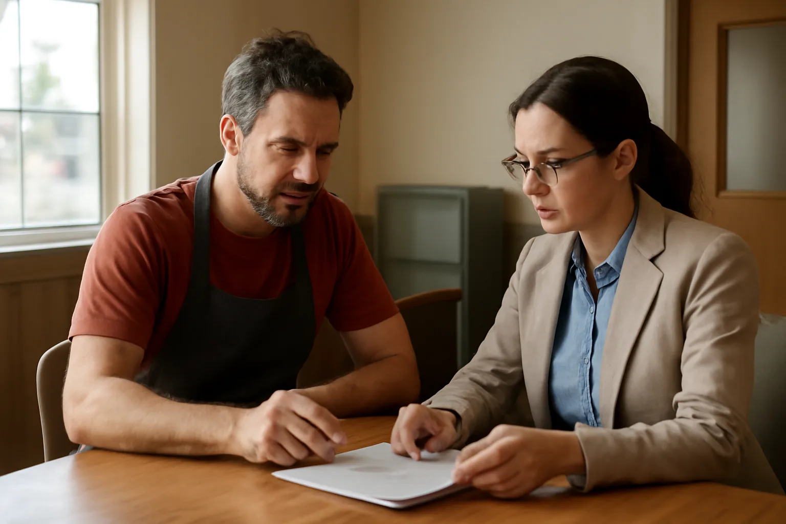 Restaurant owner discussing liquor license paperwork at a municipal licensing office counter