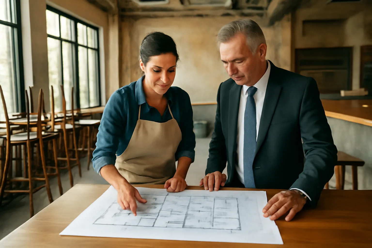 Restaurant owner reviewing floor plan documents at a bar during liquor license inspection