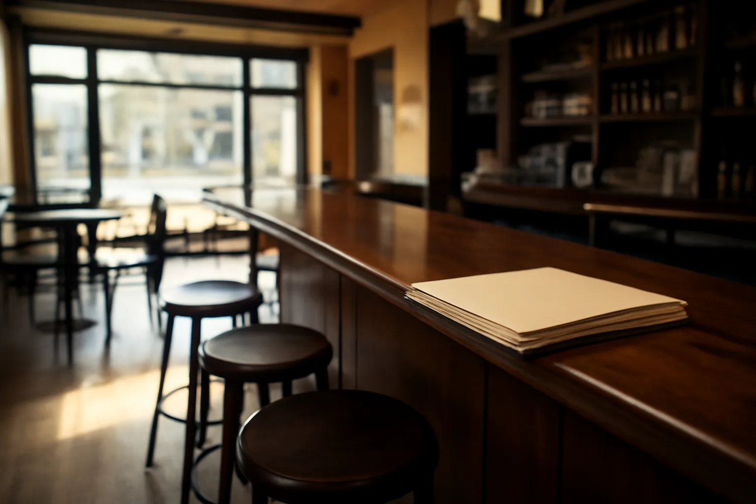 Empty restaurant bar interior with paperwork folders on the counter before opening