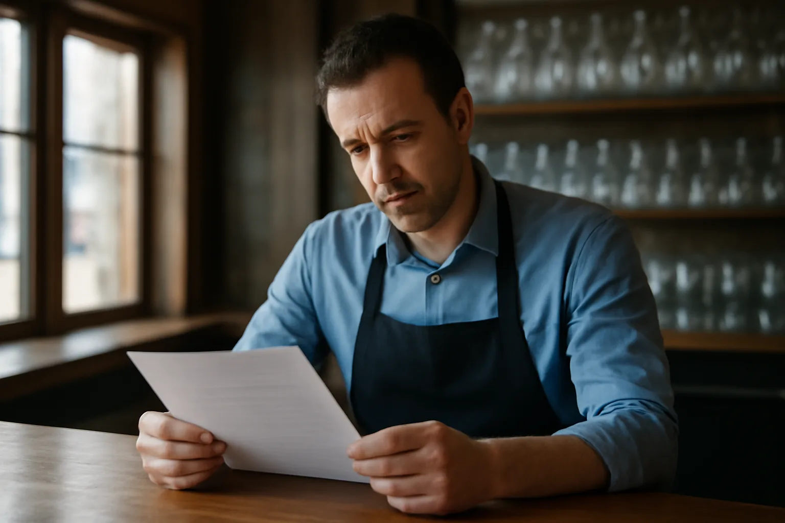 Restaurant owner reviewing permit paperwork at an empty bar before opening