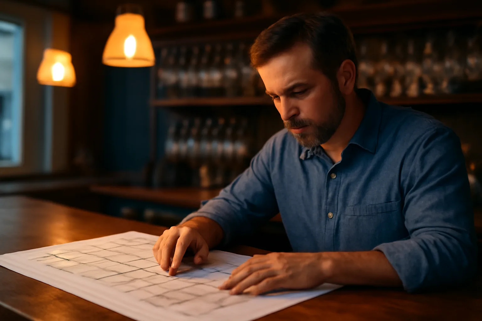 Restaurant owner reviewing floor plan at bar counter while planning a liquor license application in New York