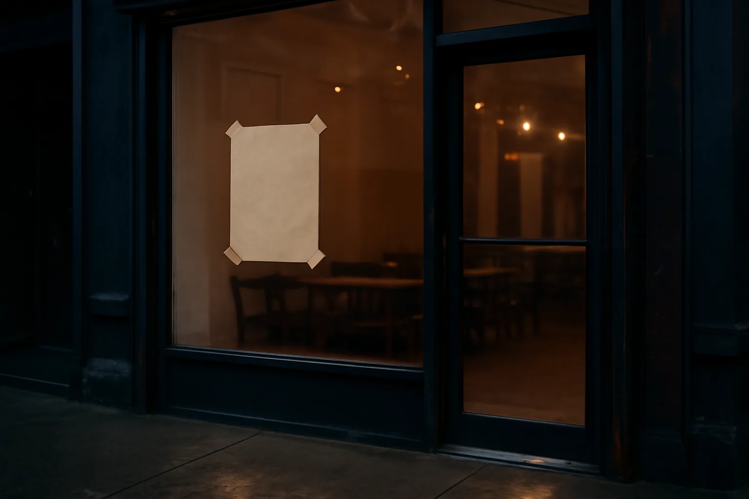 NYC restaurant storefront window displaying a pending liquor license notice at dusk