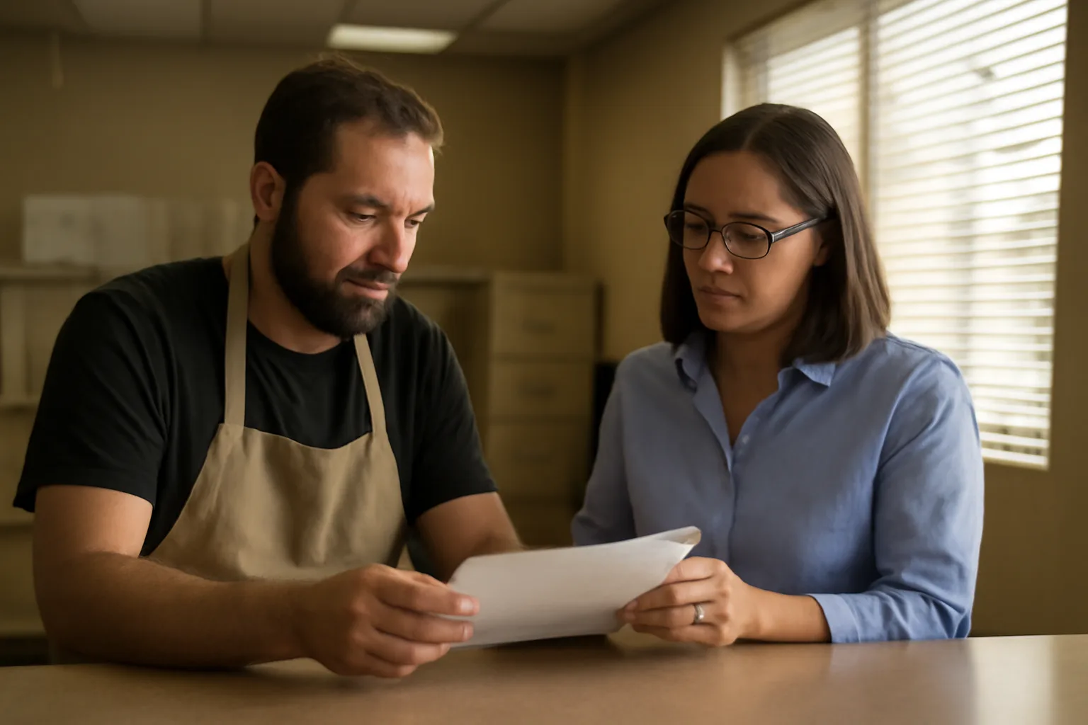 Restaurant owner discussing liquor license paperwork at a permit office counter