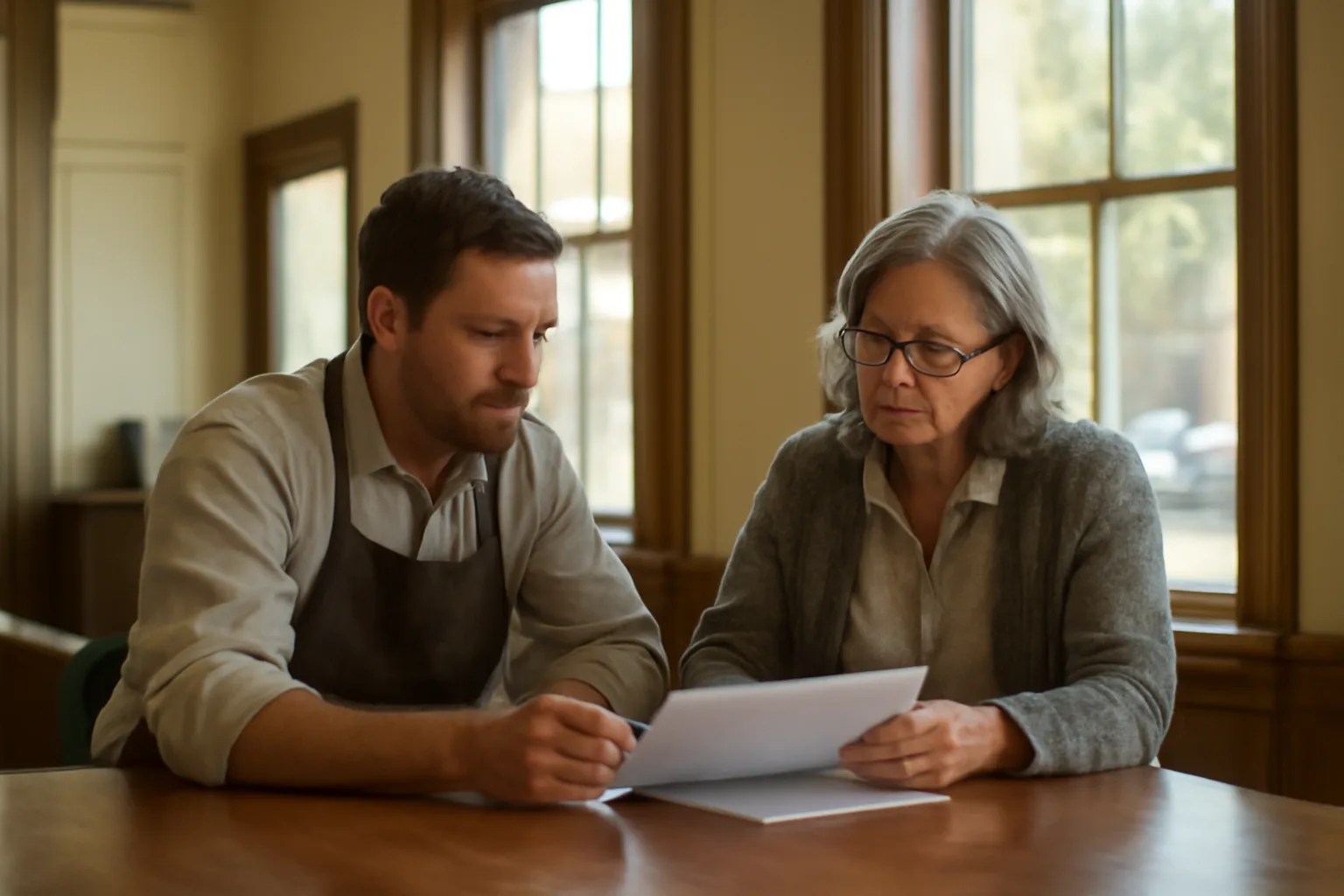 Restaurant owner meeting with a local clerk about a liquor license application