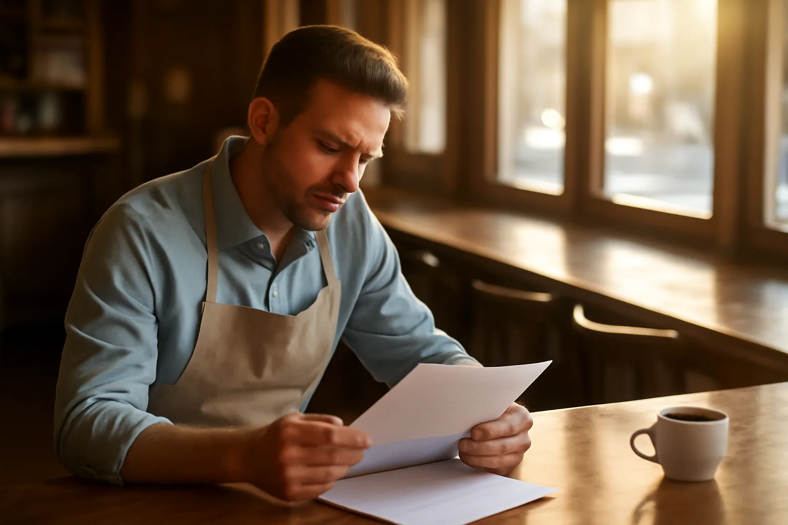 Restaurant owner reviewing documents at bar counter while planning a New York State liquor license application